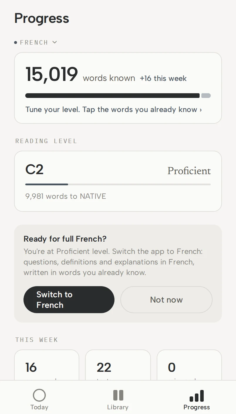 The Read95 progress screen on iPhone: 15,019 words known, up 16 this week, at reading level C2.